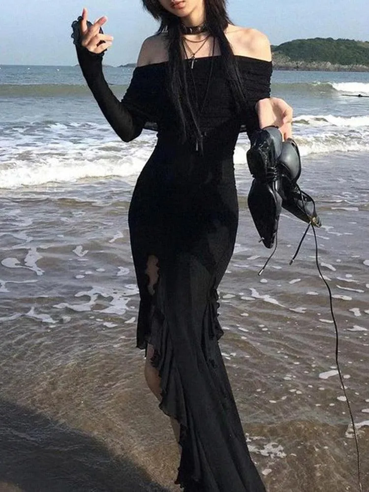 Gothic Elegant Fashion Dark Ruffles Split Long Dress