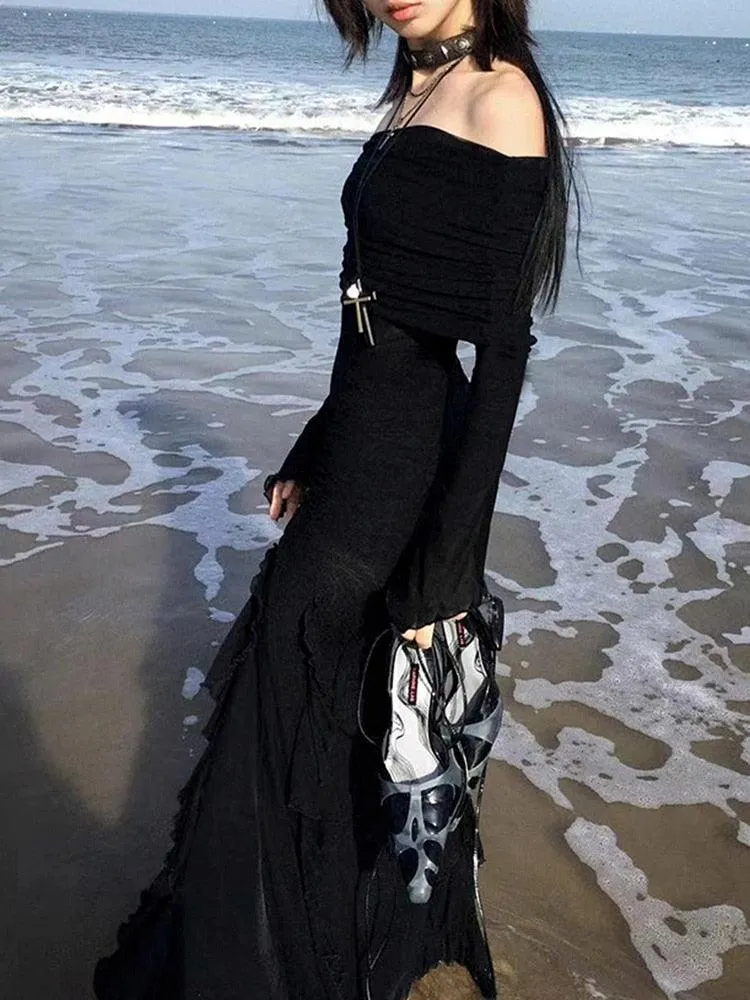 Gothic Elegant Fashion Dark Ruffles Split Long Dress