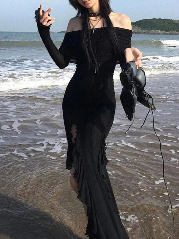 Gothic Elegant Fashion Dark Ruffles Split Long Dress