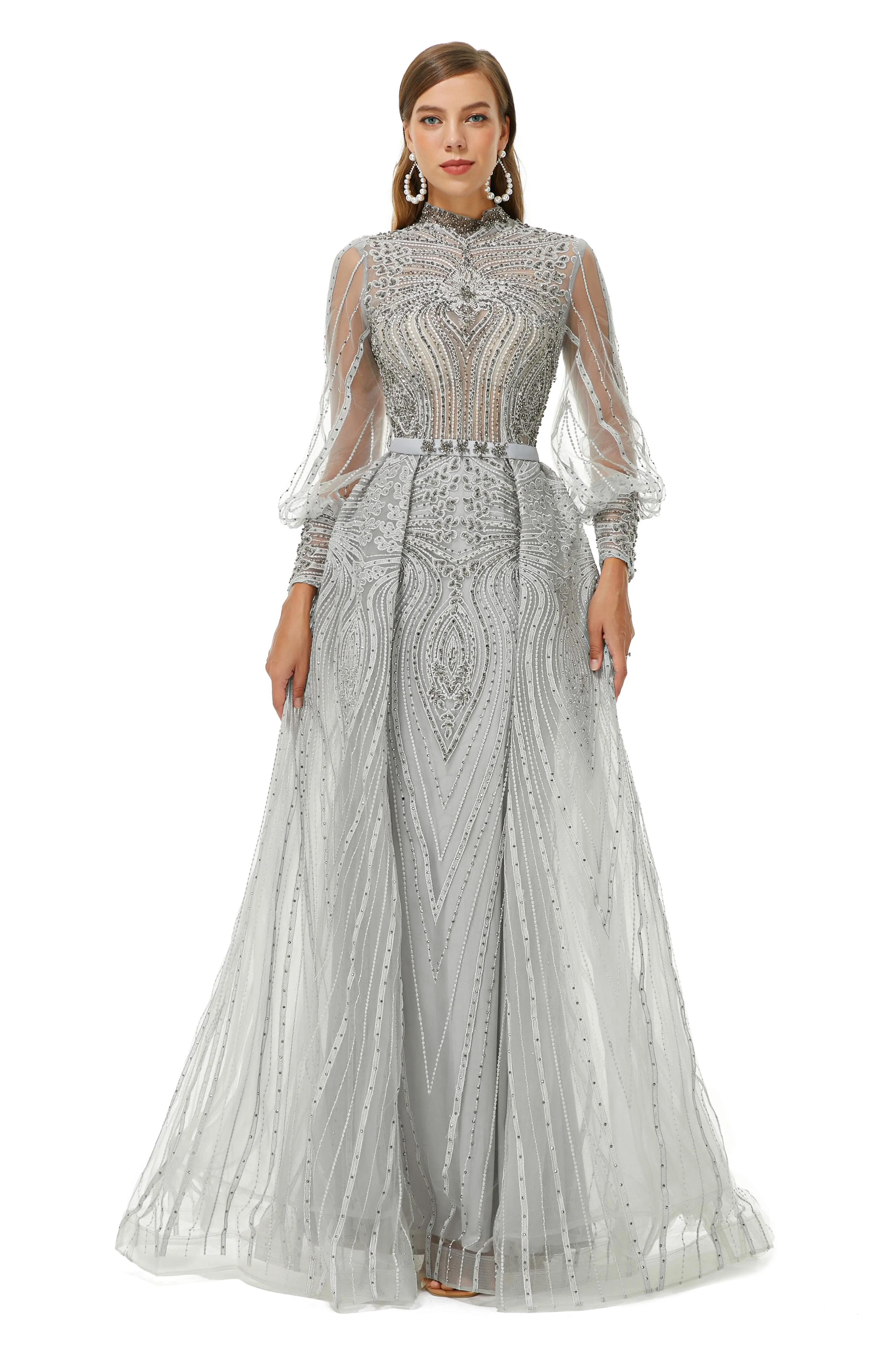 Gray Beaded Mermaid Long sleeves Prom Dresses