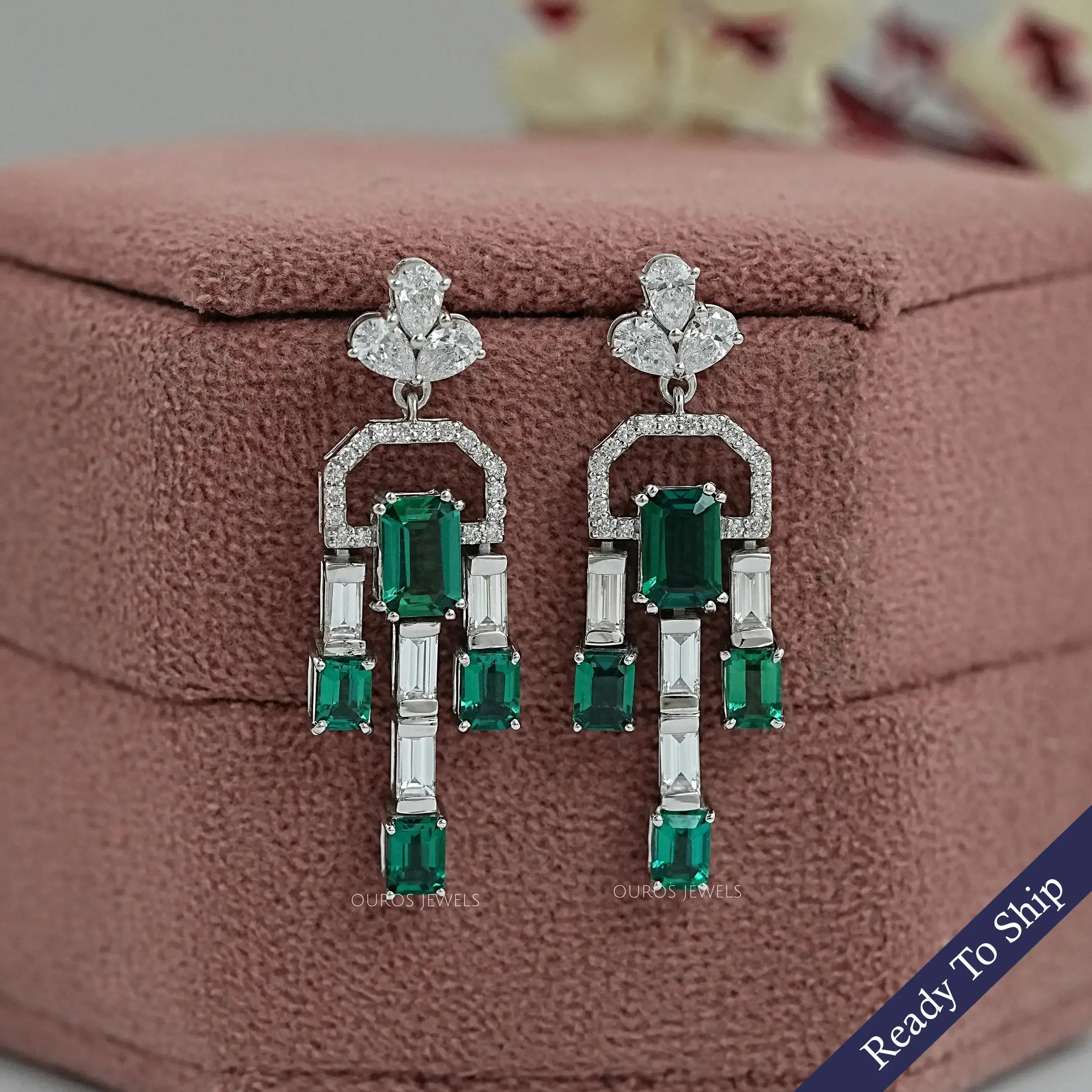 Green Emerald And Diamond Linear Drop Earrings