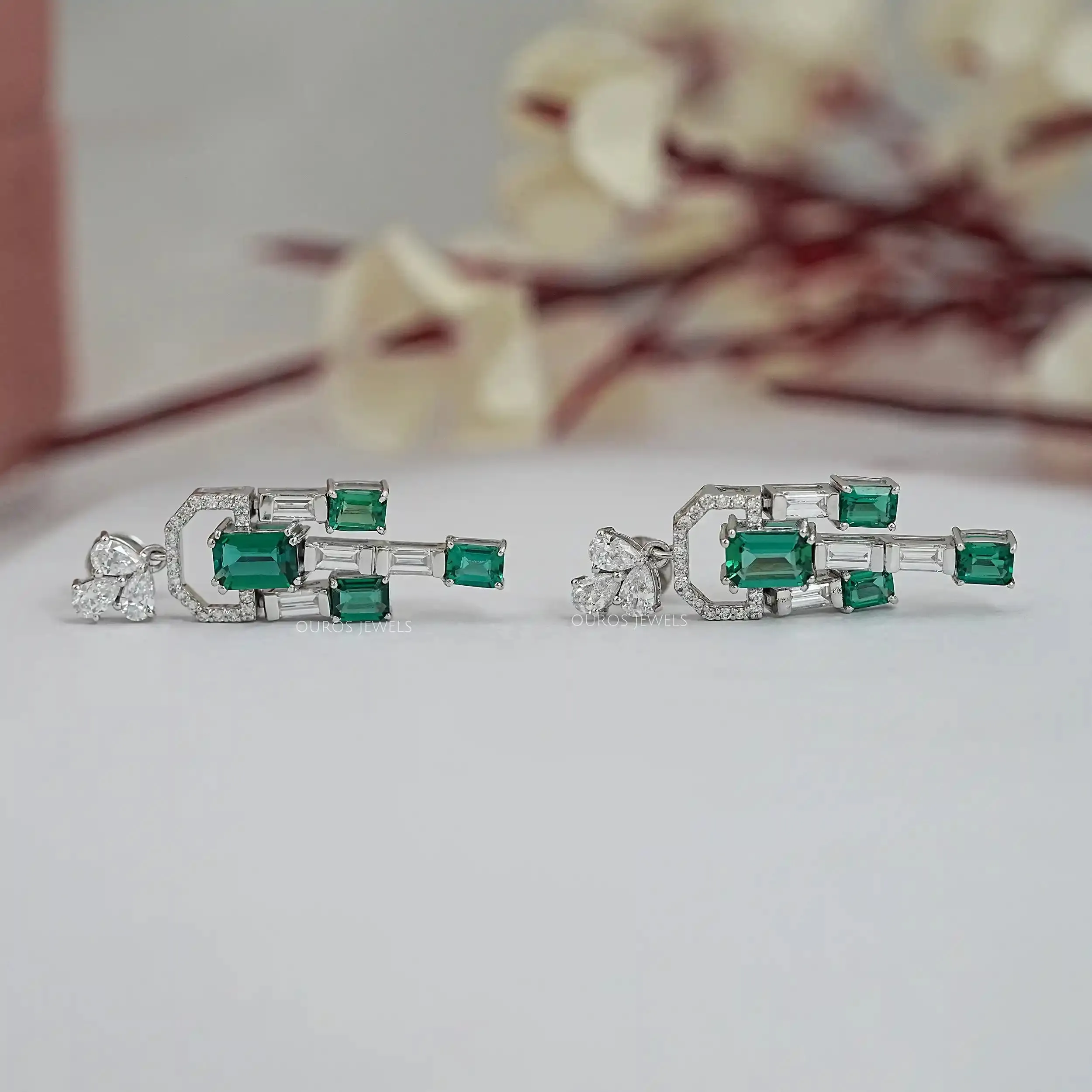 Green Emerald And Diamond Linear Drop Earrings