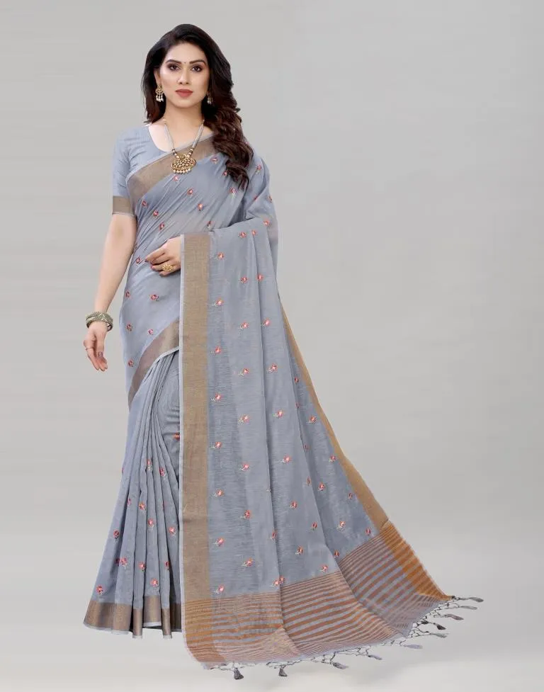 Grey Embroidered Cotton Saree