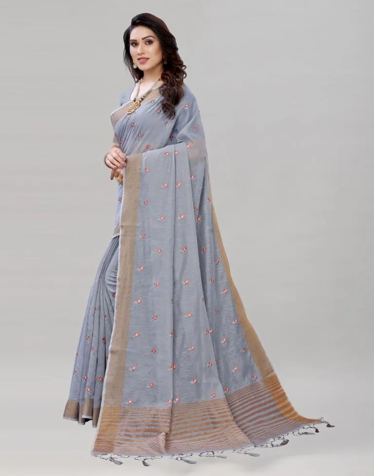 Grey Embroidered Cotton Saree