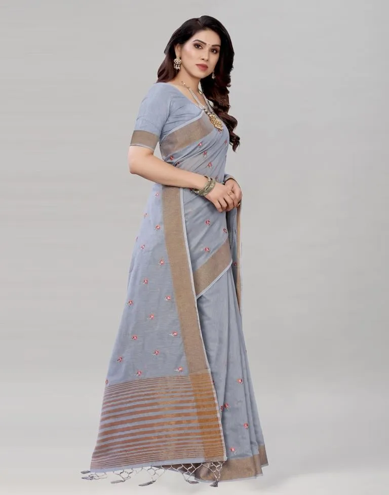 Grey Embroidered Cotton Saree