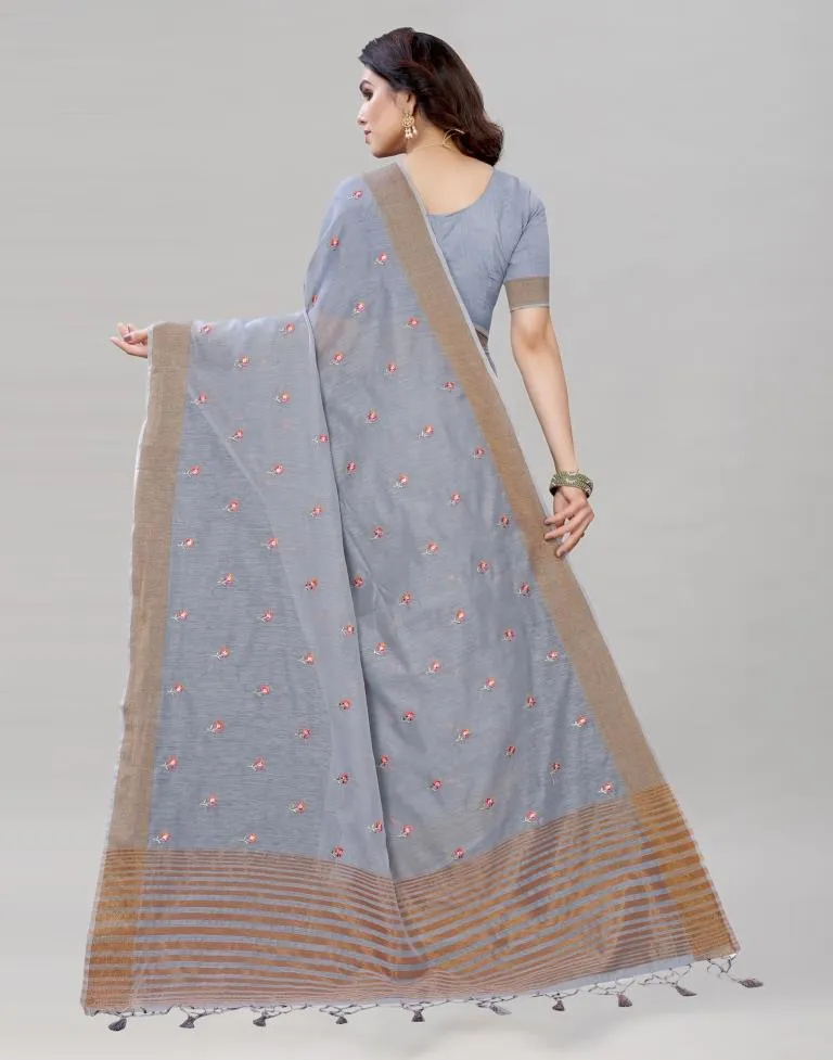 Grey Embroidered Cotton Saree