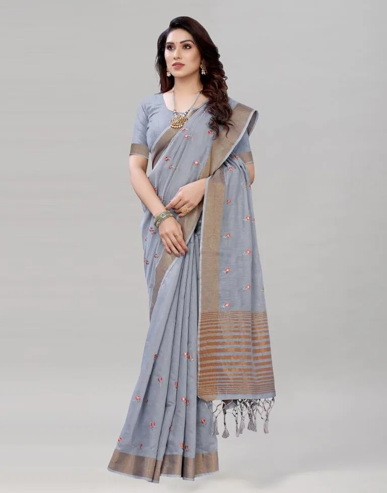 Grey Embroidered Cotton Saree