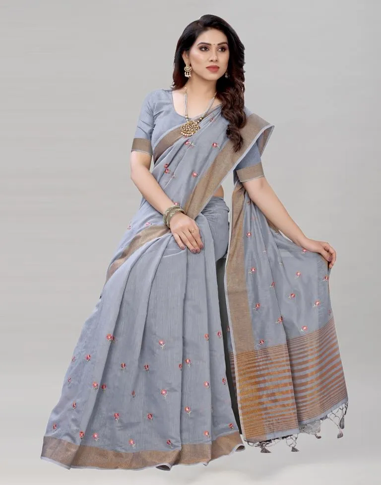 Grey Embroidered Cotton Saree