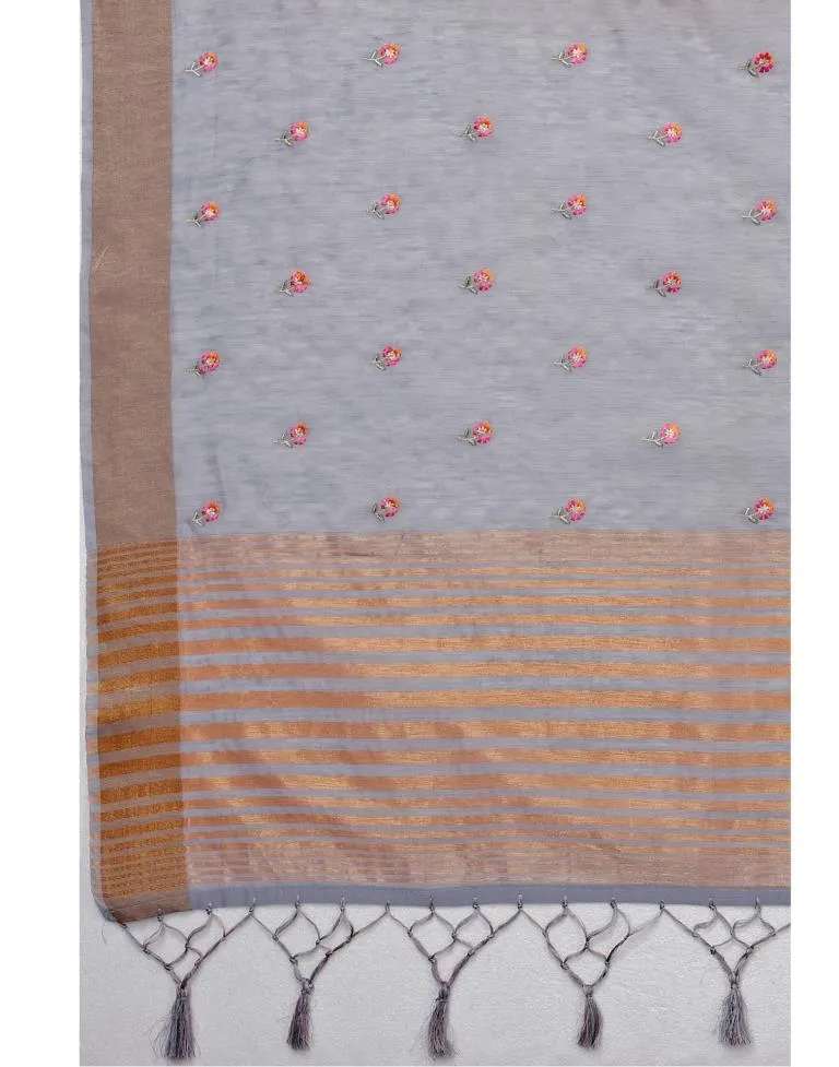 Grey Embroidered Cotton Saree