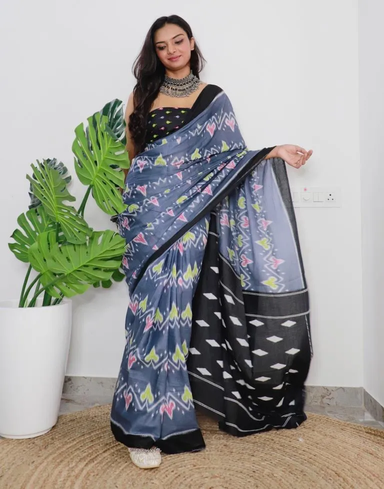 Grey Printed Cotton Saree