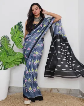 Grey Printed Cotton Saree