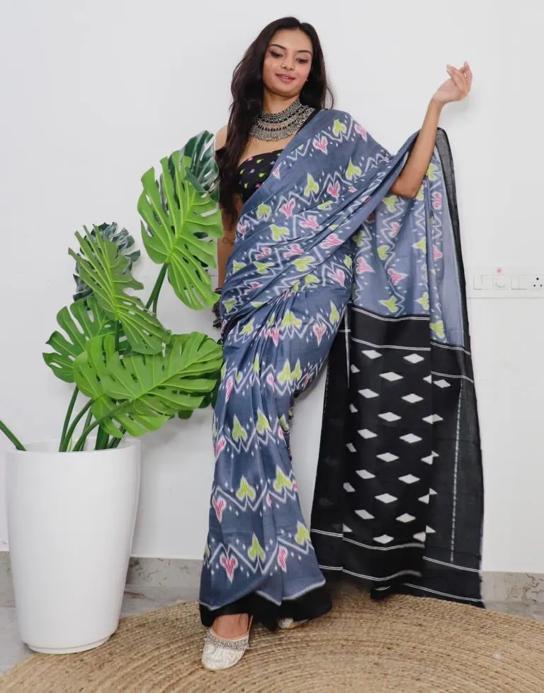 Grey Printed Cotton Saree