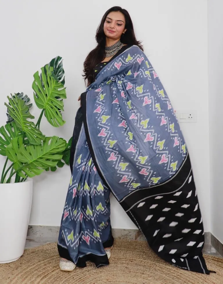 Grey Printed Cotton Saree