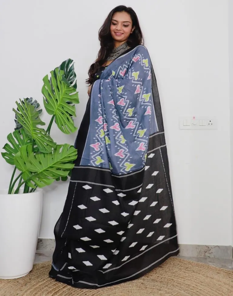 Grey Printed Cotton Saree