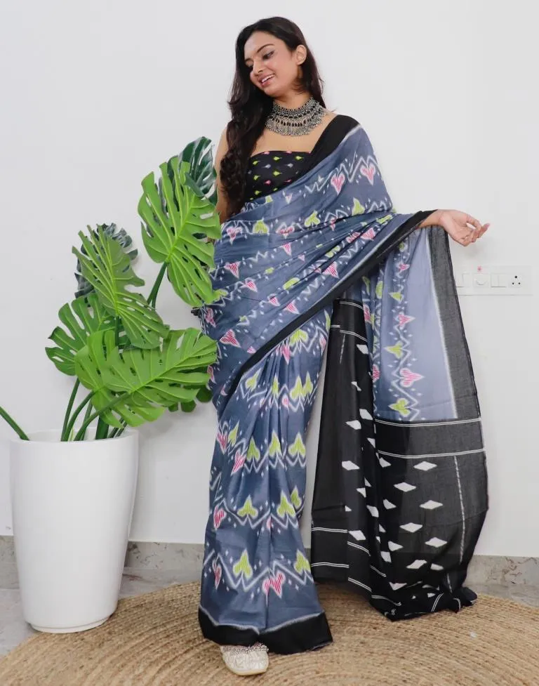 Grey Printed Cotton Saree