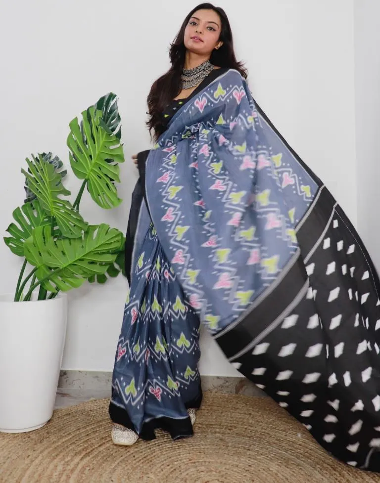 Grey Printed Cotton Saree