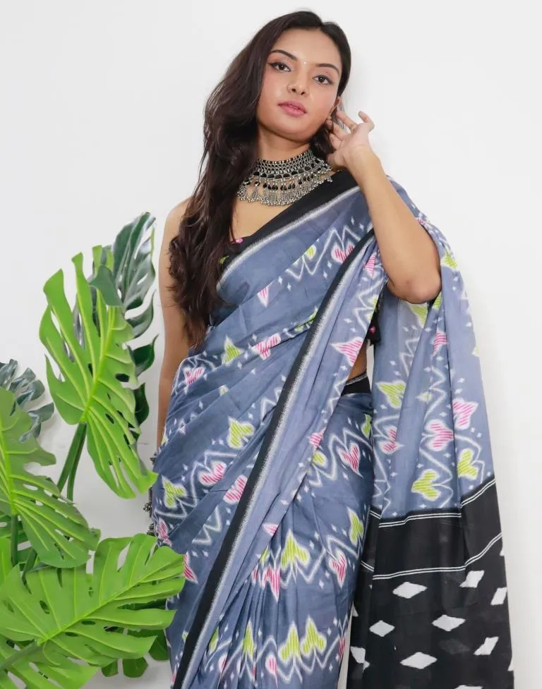 Grey Printed Cotton Saree