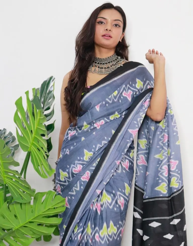 Grey Printed Cotton Saree