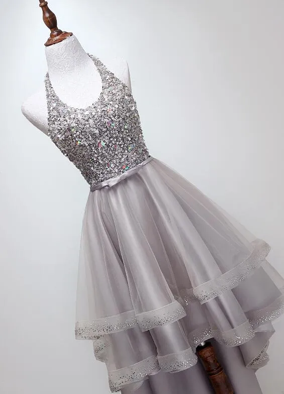 Grey Sequins High Low Formal Dress , Party Gowns , Homecoming Dresses