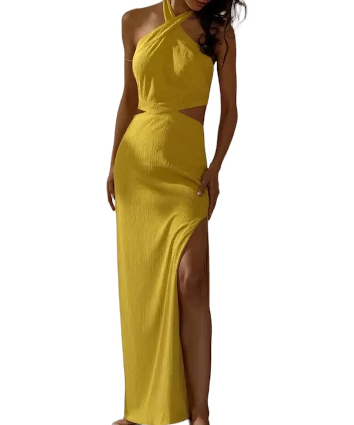 Halter Neck Cutout Long Dress In Yellow