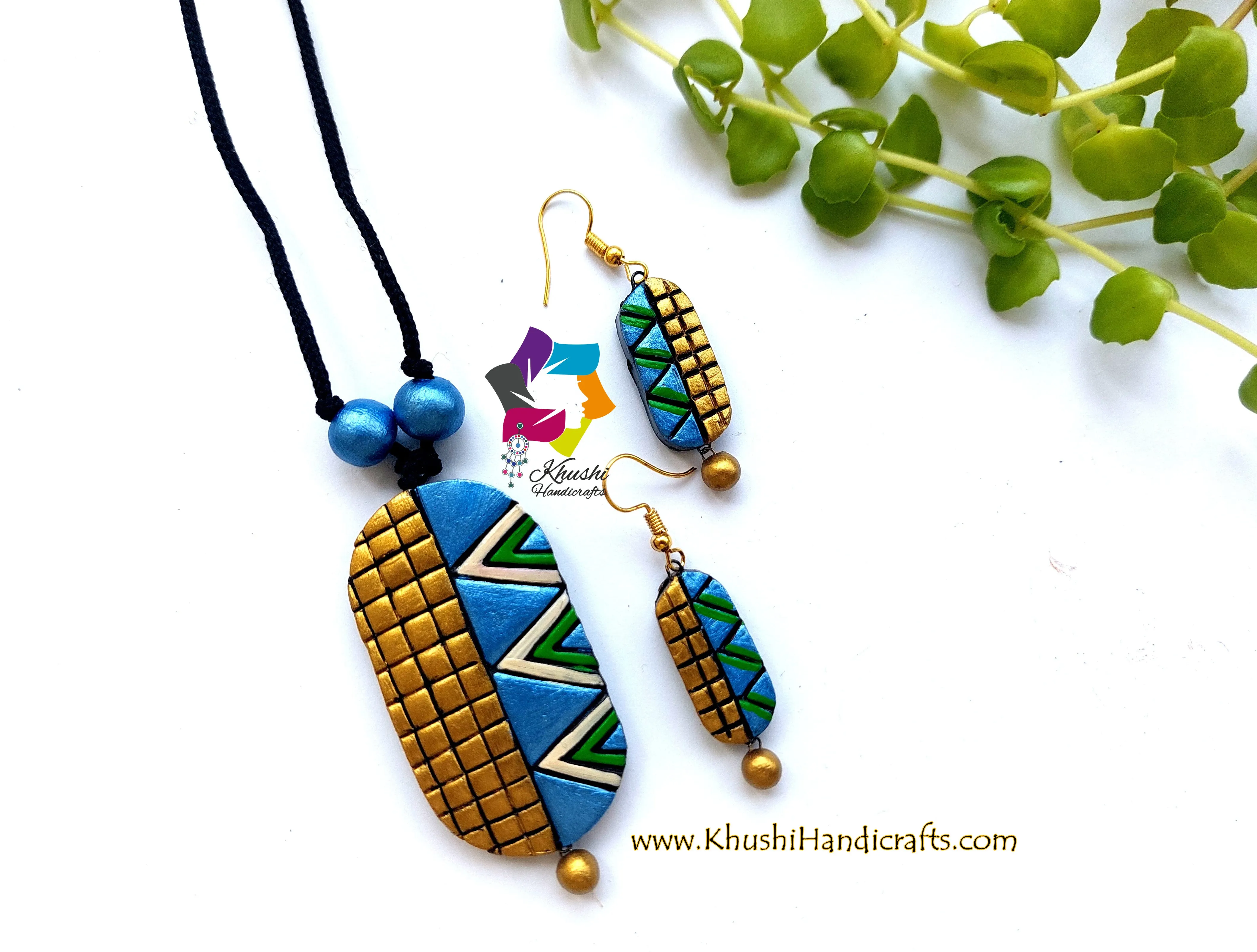 Handmade Terracotta Jewelry Set Blue Gold With adjustable Dori