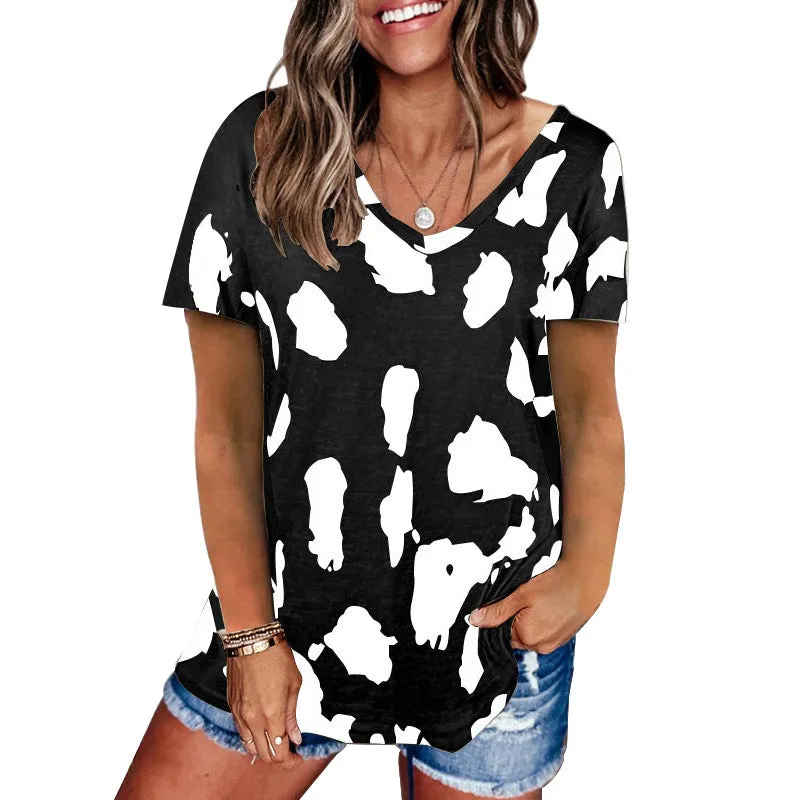 Haute Edition V-Neck Women's Leopard Print Summer CasualTopTee