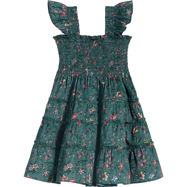 Hill House Home The Baby Ellie Ruffle Shoulder Smocked Tiered Nap Dress, Fleur Chintz Bottle Green