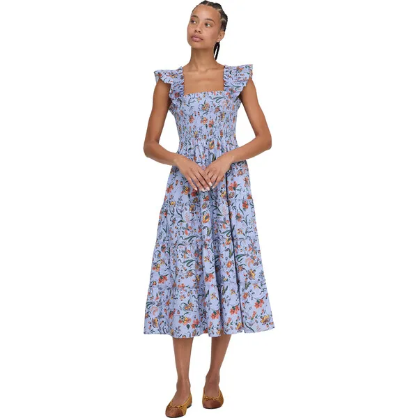 Hill House Home The Women's Ellie Ruffle Shoulder Smocked Tired Nap Dress, Fleur Chintz Thistle