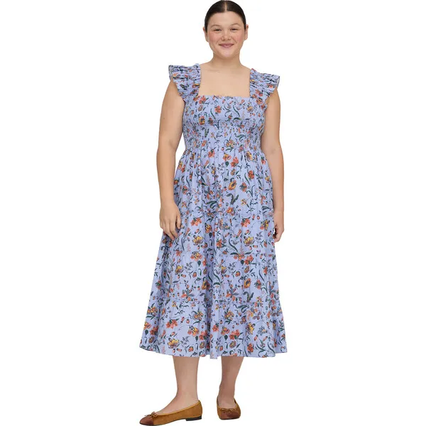 Hill House Home The Women's Ellie Ruffle Shoulder Smocked Tired Nap Dress, Fleur Chintz Thistle