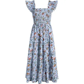 Hill House Home The Women's Ellie Ruffle Shoulder Smocked Tired Nap Dress, Fleur Chintz Thistle