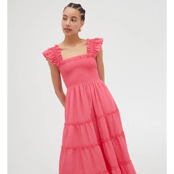 Hill House Home Women's Ellie Tonal Seersucker Ruffle Shoulder Tiered Nap Dress, Watermelon