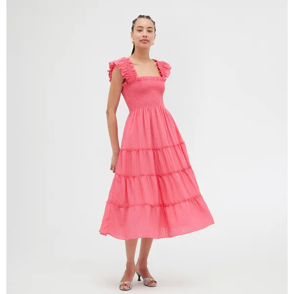 Hill House Home Women's Ellie Tonal Seersucker Ruffle Shoulder Tiered Nap Dress, Watermelon