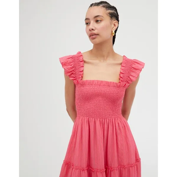 Hill House Home Women's Ellie Tonal Seersucker Ruffle Shoulder Tiered Nap Dress, Watermelon