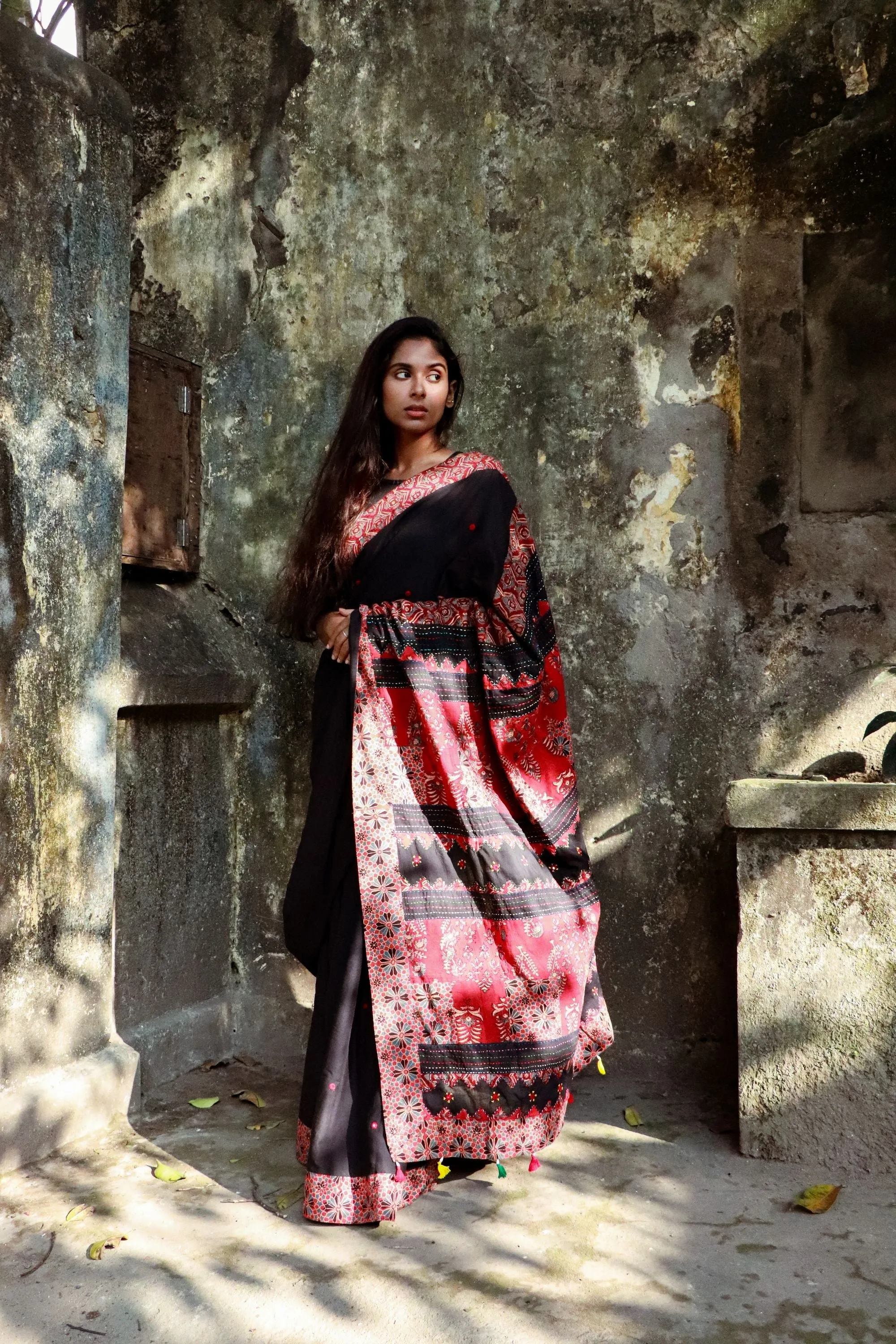 Jharokha -  Black and Red Ajrakh handblockprinted patchwork Gudri Barmer saree