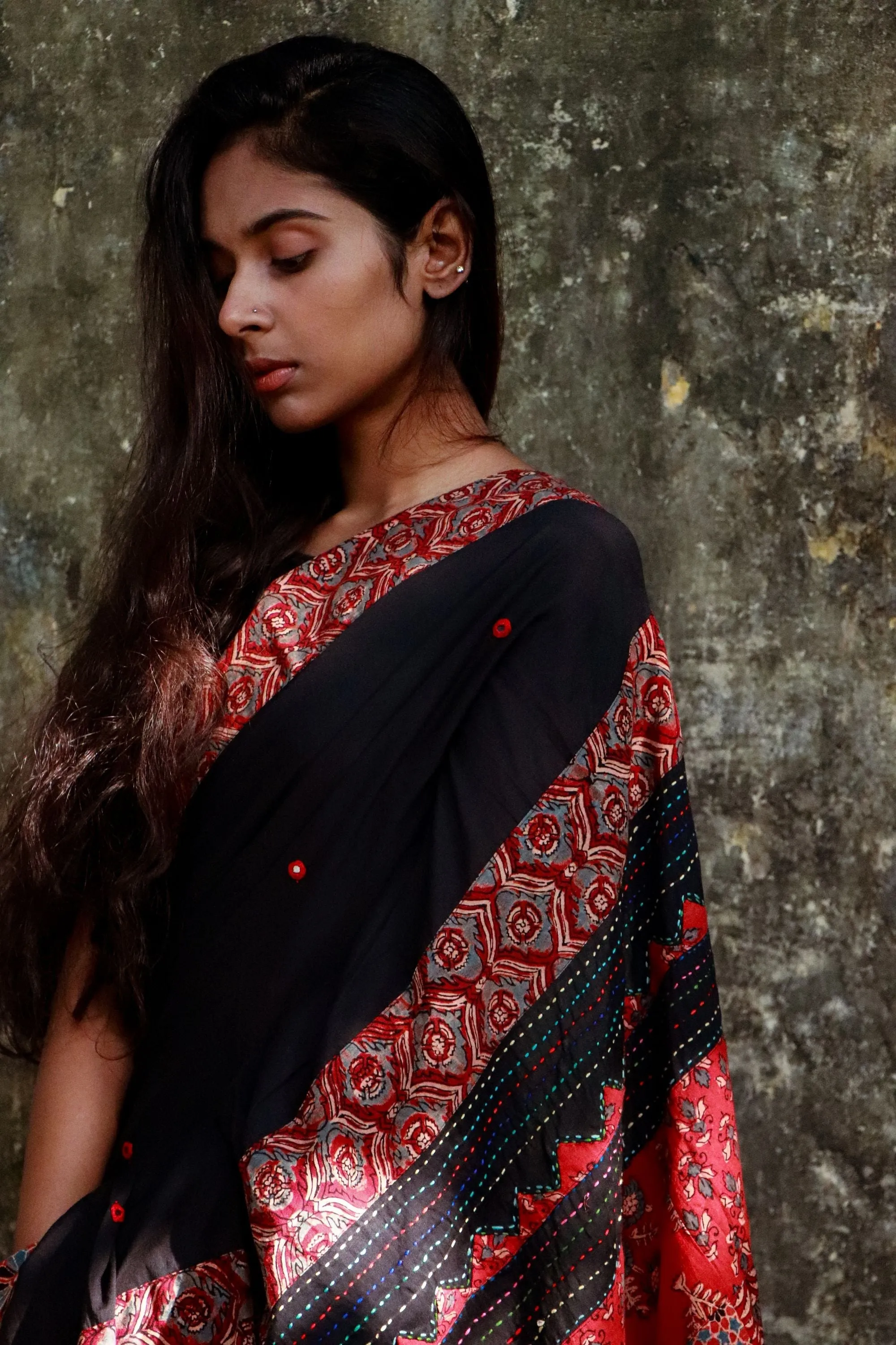 Jharokha -  Black and Red Ajrakh handblockprinted patchwork Gudri Barmer saree