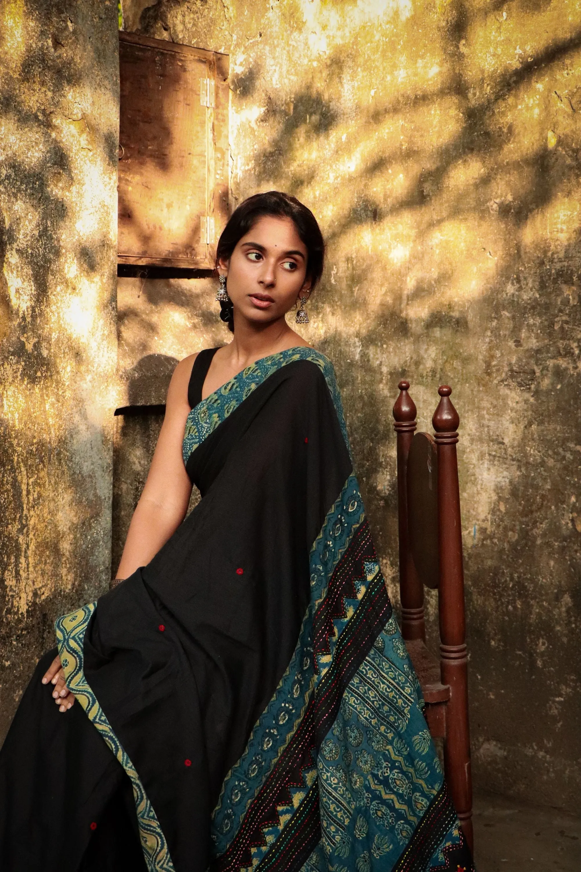 Jharokha -  Blue and Black Ajrakh handblockprinted patchwork Gudri Barmer saree