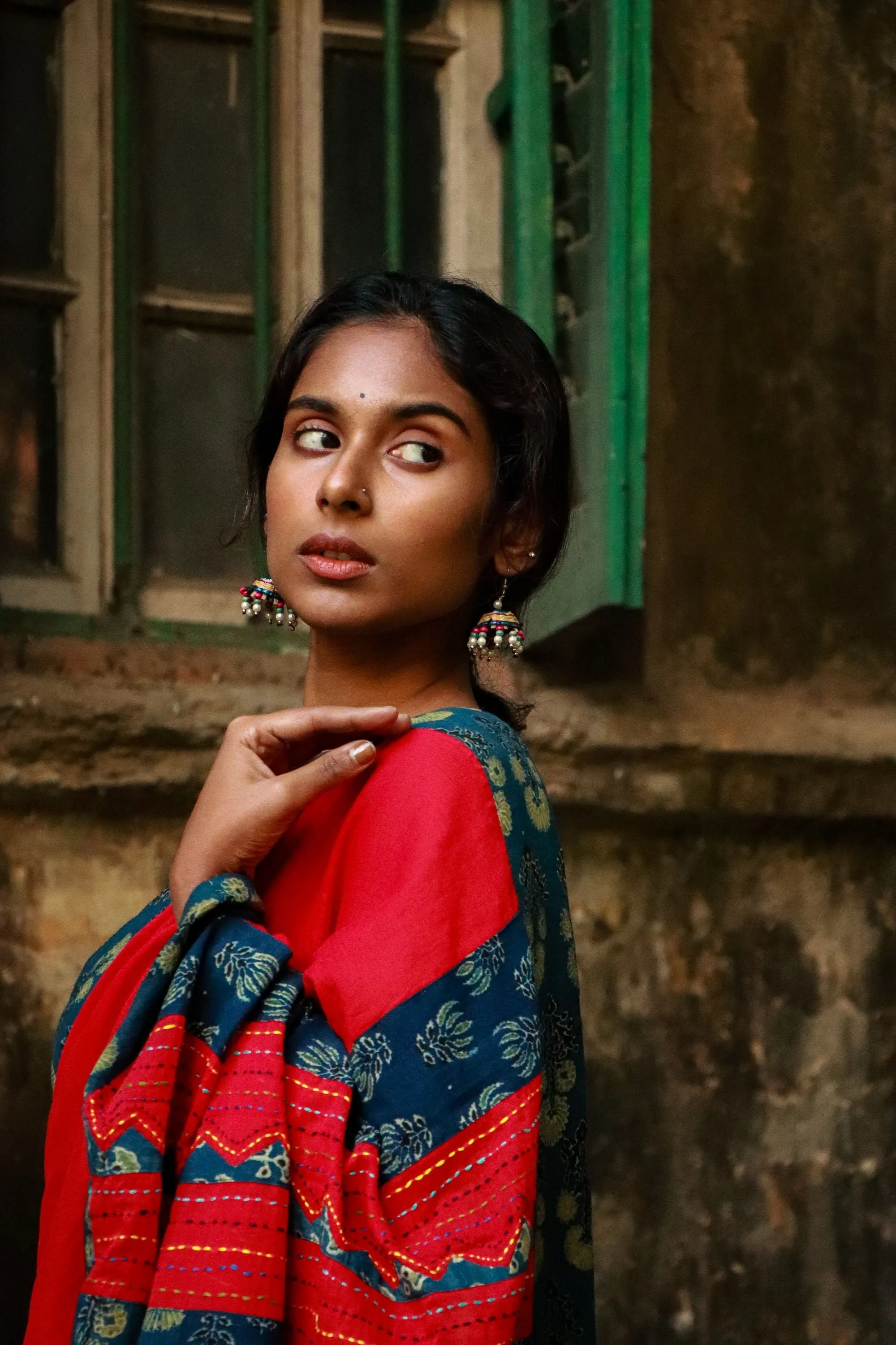 Jharokha -  Blue and Red Ajrakh handblockprinted patchwork Gudri Barmer saree