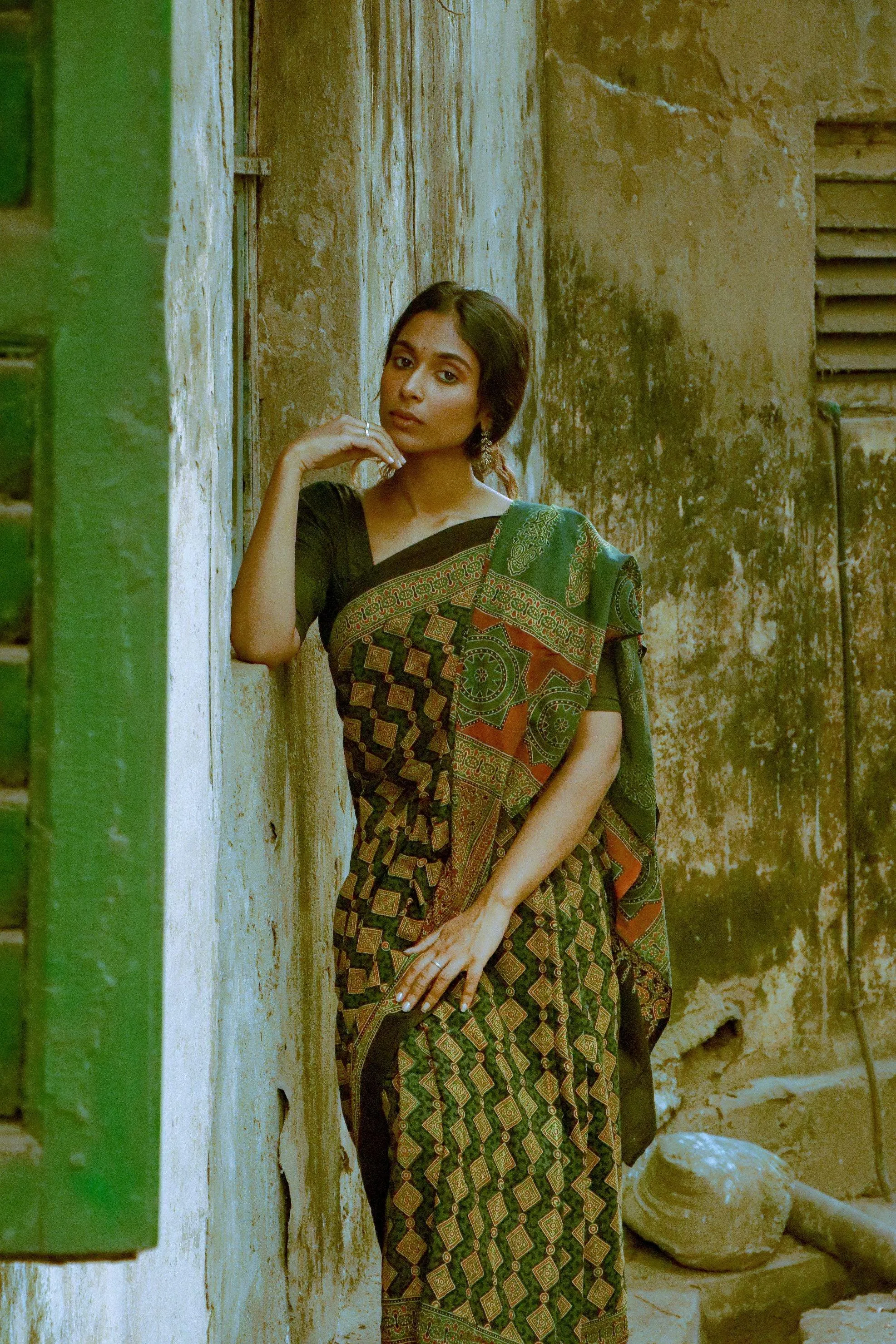 Jharokha -  Green Ajrakh handblockprinted saree