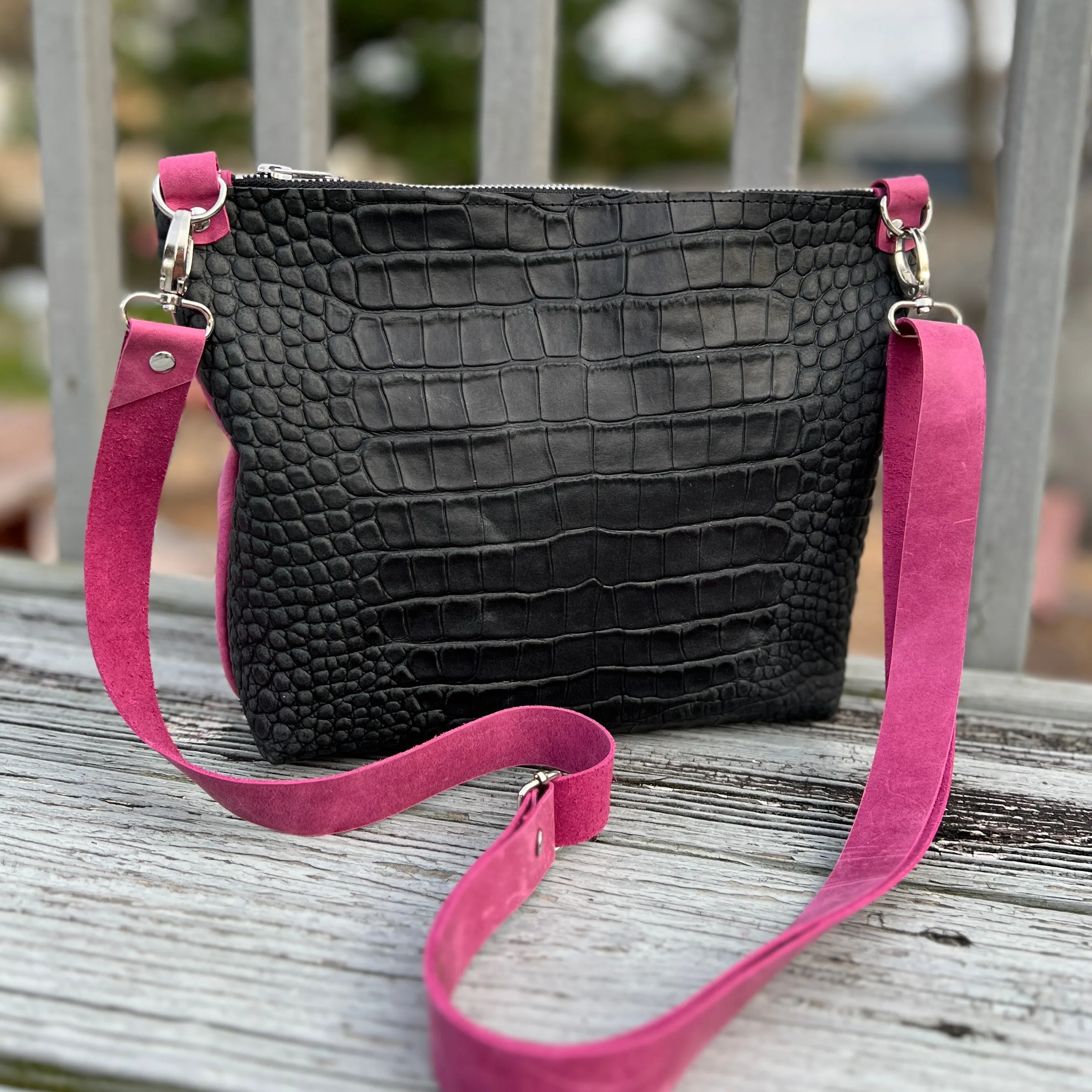 Just Go Zippered Crossbody Bag - Black Croc + Pink