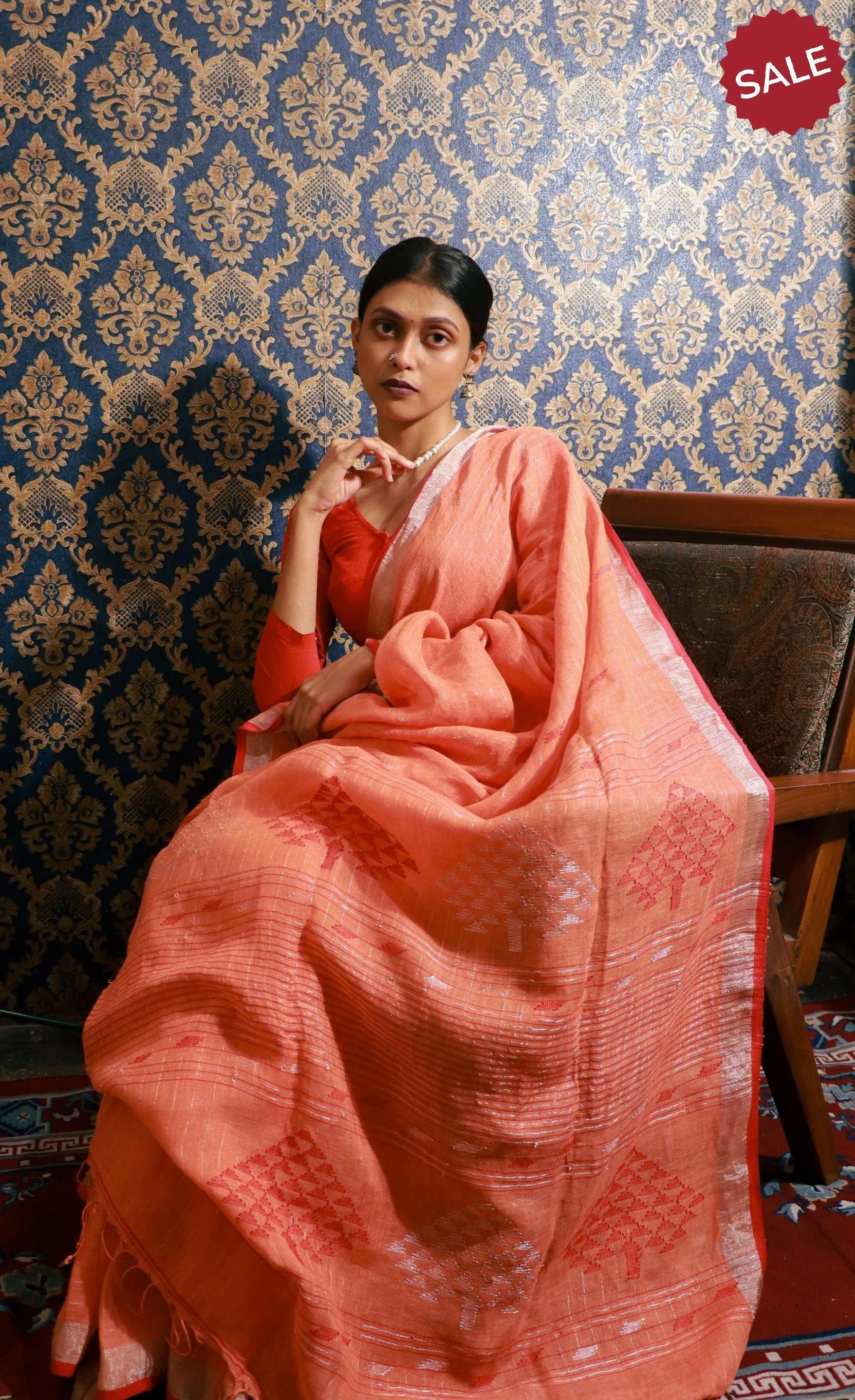 Kaisori Ekaya Narangi Jamdani Linen  saree