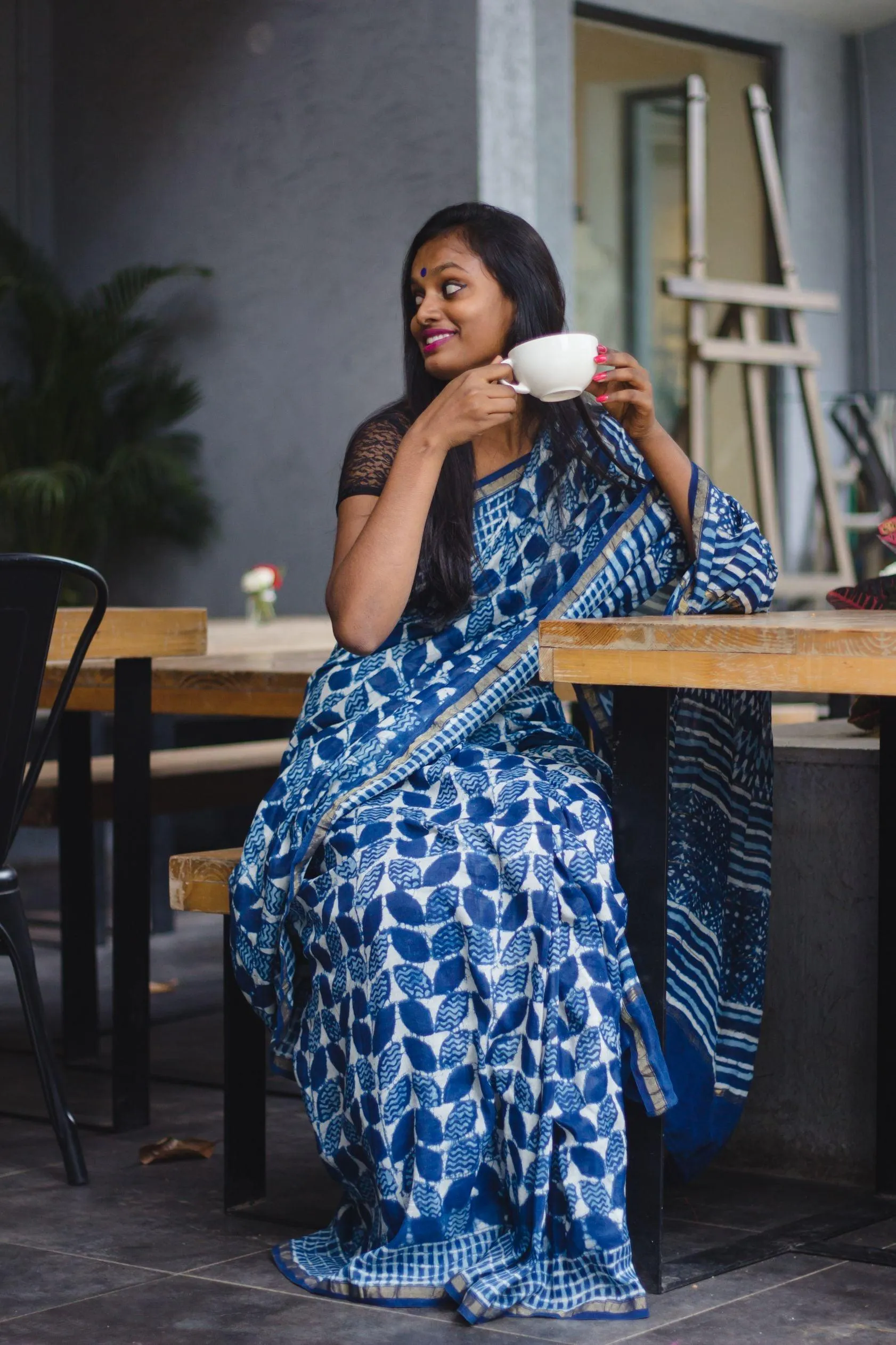 Kaisori Malhar Indigo Dabu leaf saree