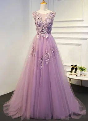 Light Purple Tulle Prom Dresses , Gorgeous Prom Dresses, V-neckline Formal Dresses