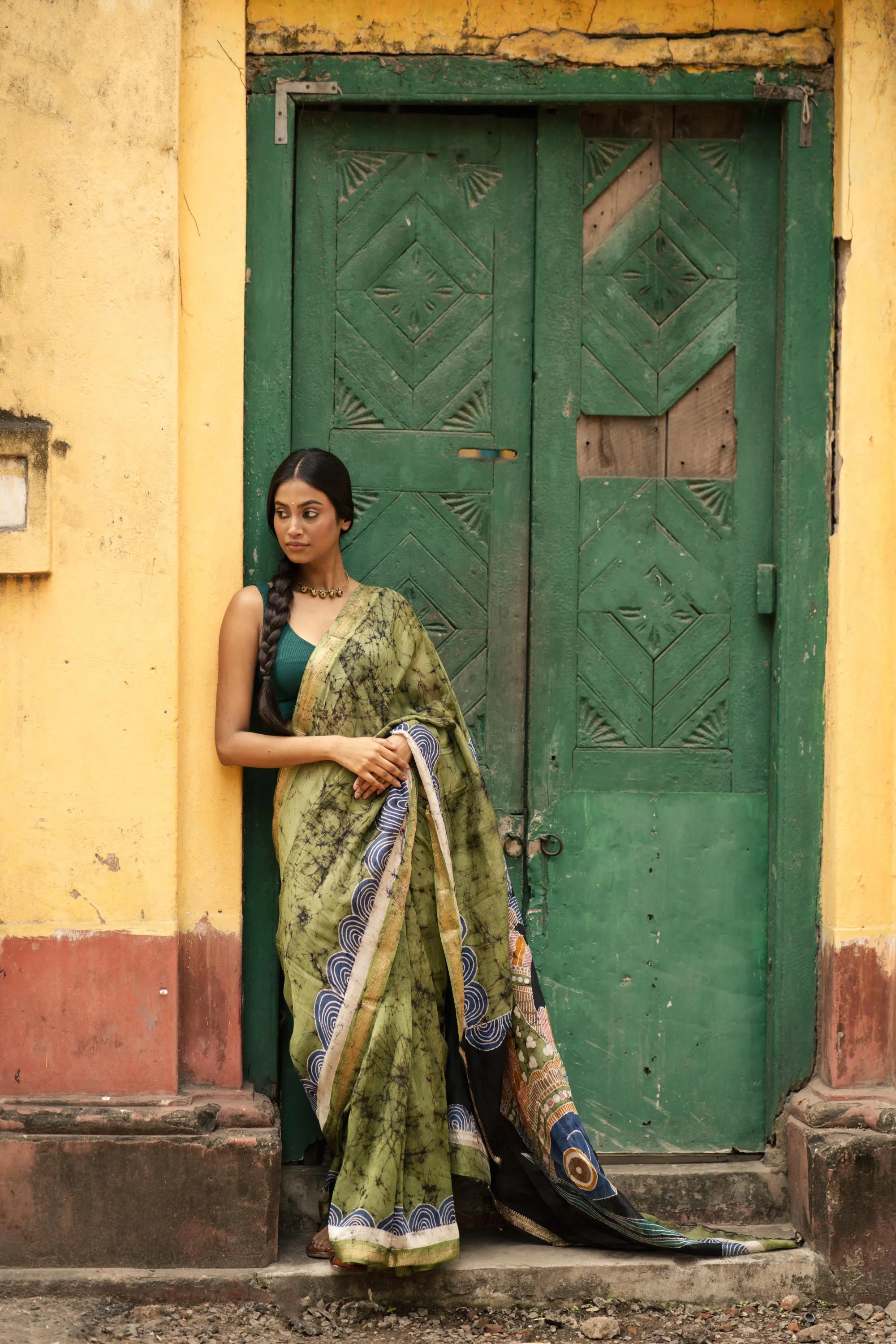 Meena -  Narmada Batik Gond Green Maheswari saree