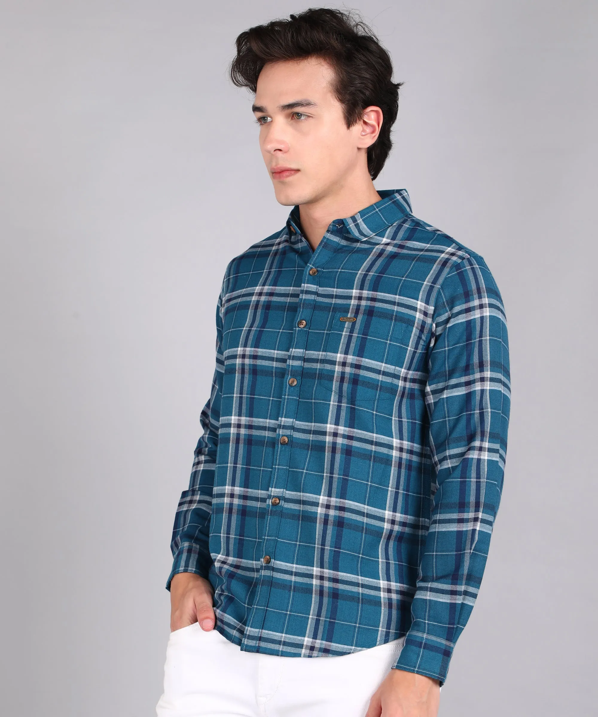 Men's Blue Cotton Full Sleeve Slim Fit Casual Checkered Shirt