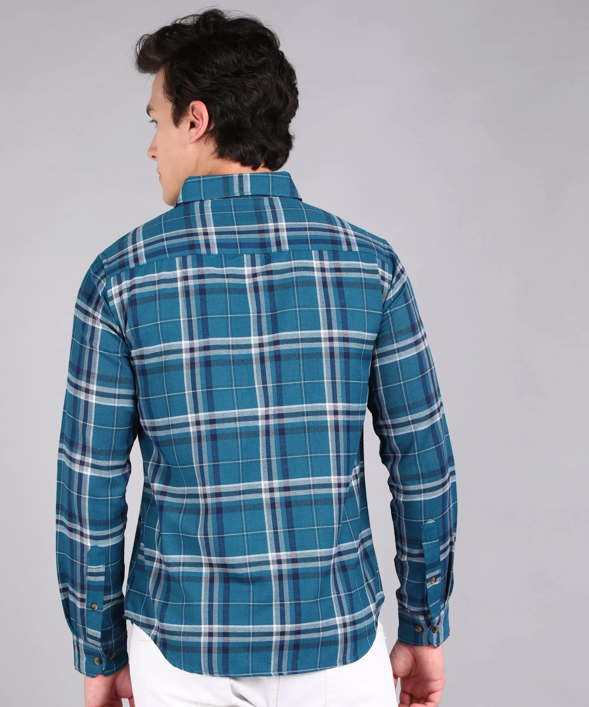 Men's Blue Cotton Full Sleeve Slim Fit Casual Checkered Shirt