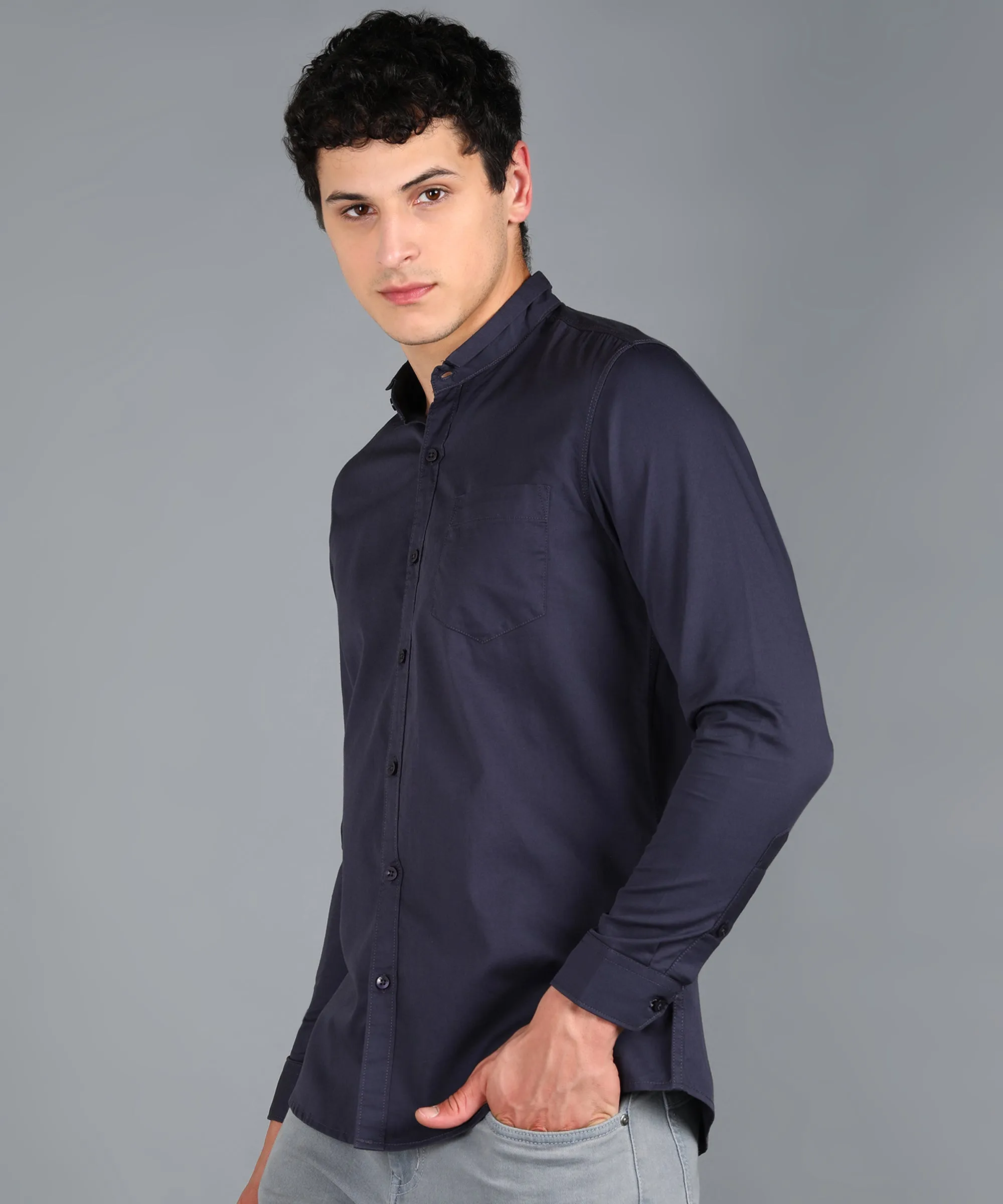 Men's Dark Grey Cotton Full Sleeve Slim Fit Solid Shirt with Mandarin Collar