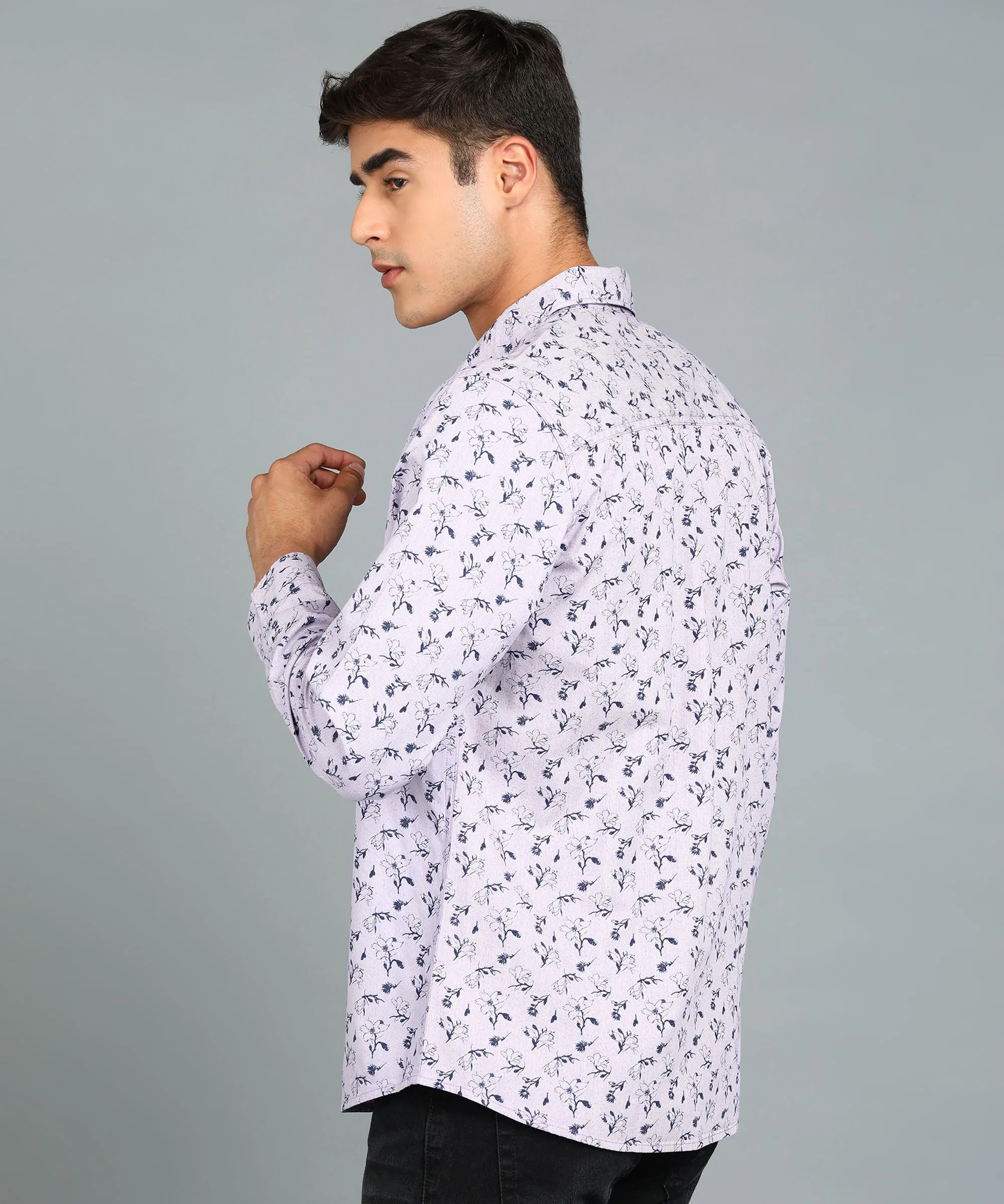 Men's Grey Cotton Full Sleeve Slim Fit Casual Printed Shirt