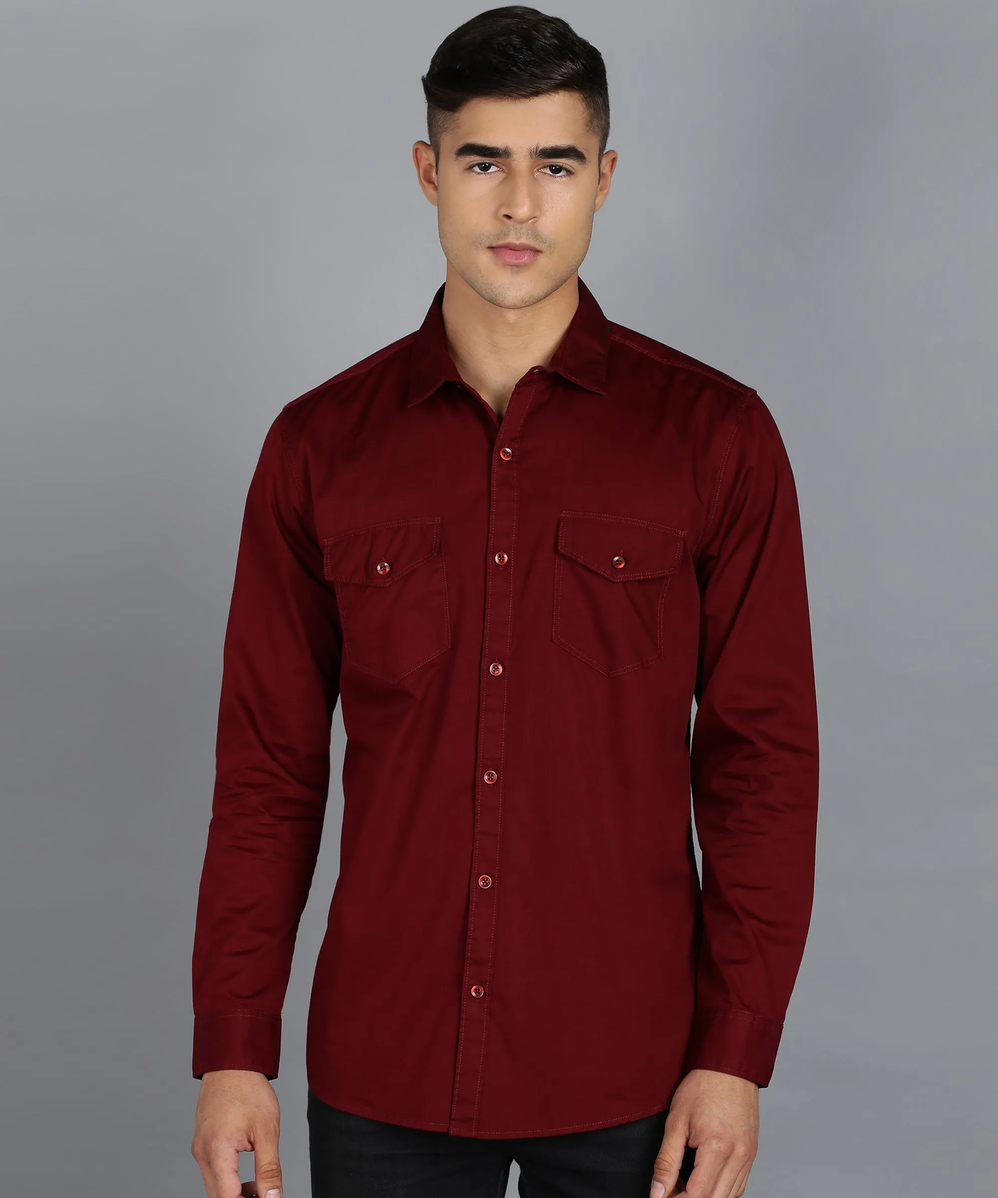 Men's Maroon Cotton Full Sleeve Slim Fit Casual Solid Shirt