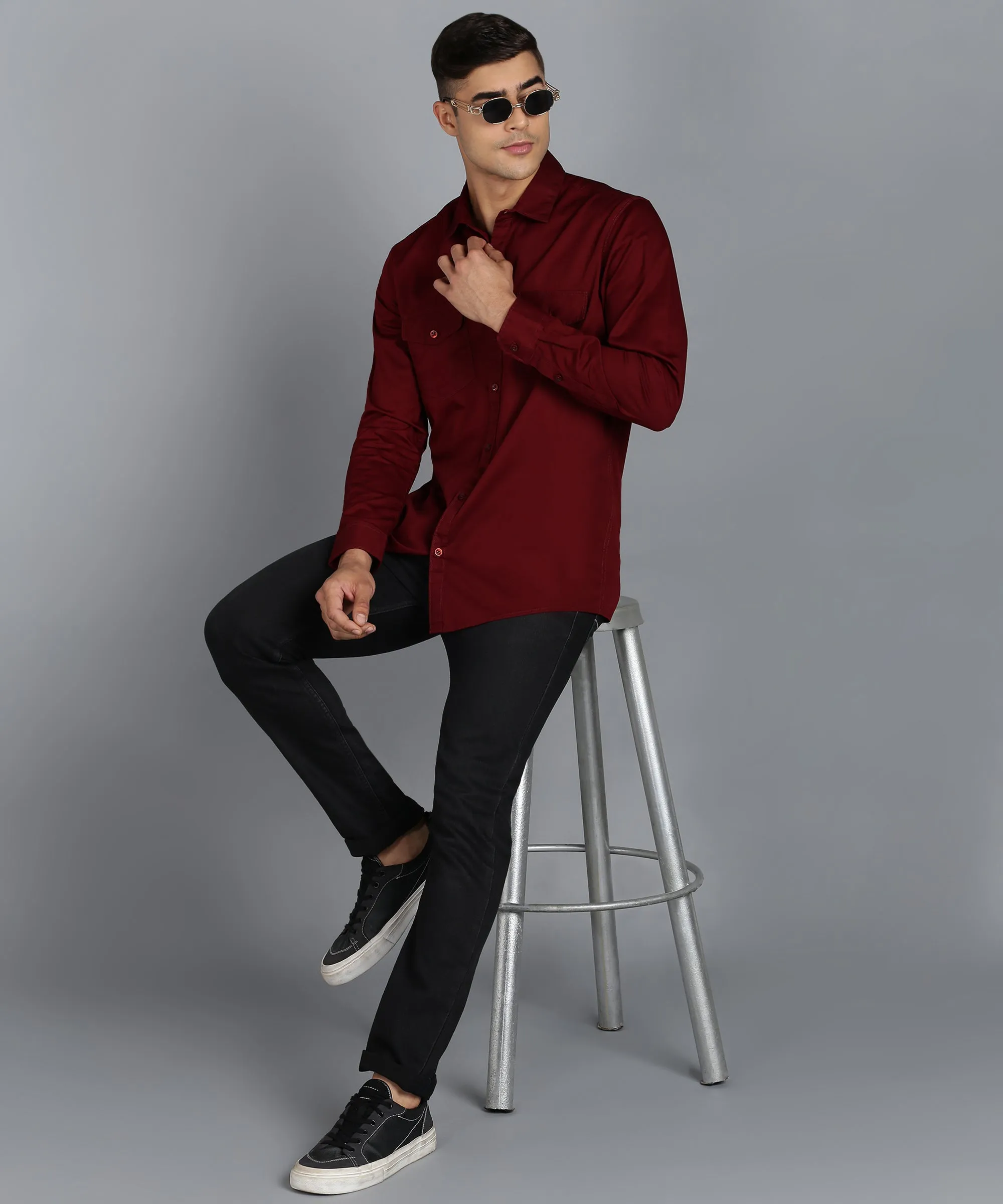 Men's Maroon Cotton Full Sleeve Slim Fit Casual Solid Shirt