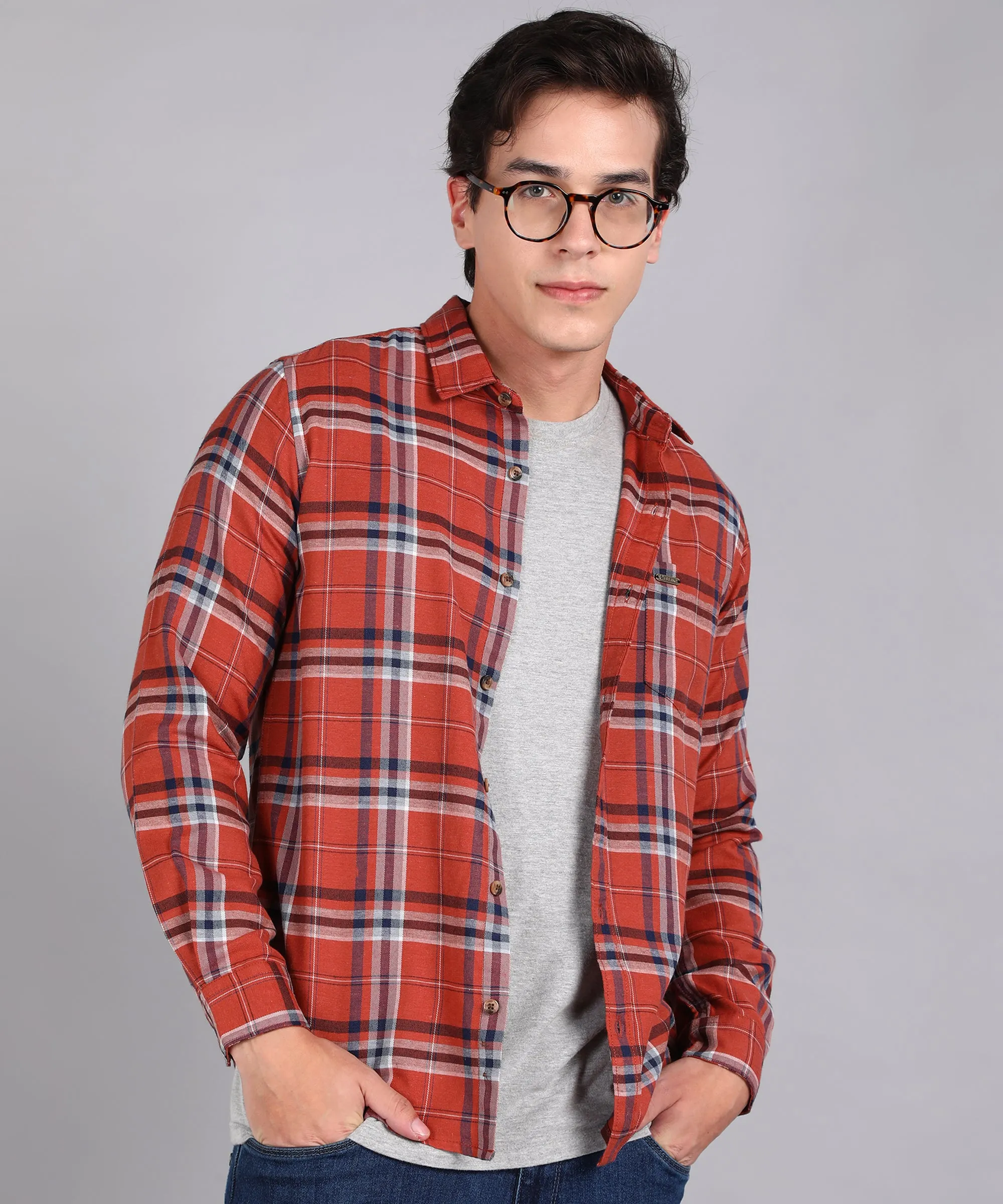 Men's Orange Cotton Full Sleeve Slim Fit Casual Checkered Shirt